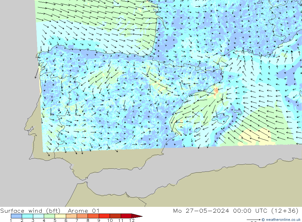 Surface wind (bft) Arome 01 Po 27.05.2024 00 UTC