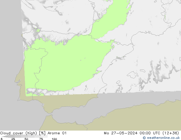 Cloud cover (high) Arome 01 Mo 27.05.2024 00 UTC