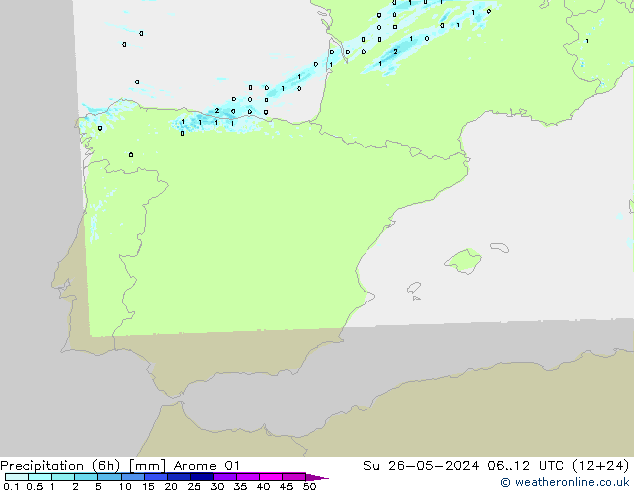Precipitazione (6h) Arome 01 dom 26.05.2024 12 UTC