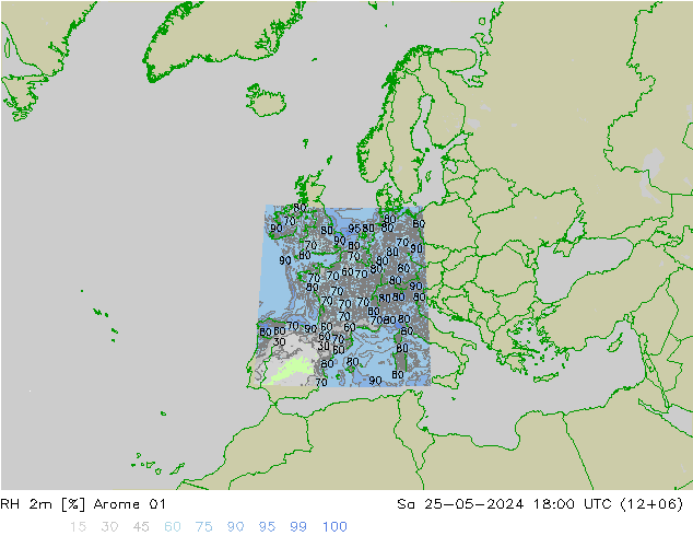 RH 2m Arome 01 so. 25.05.2024 18 UTC