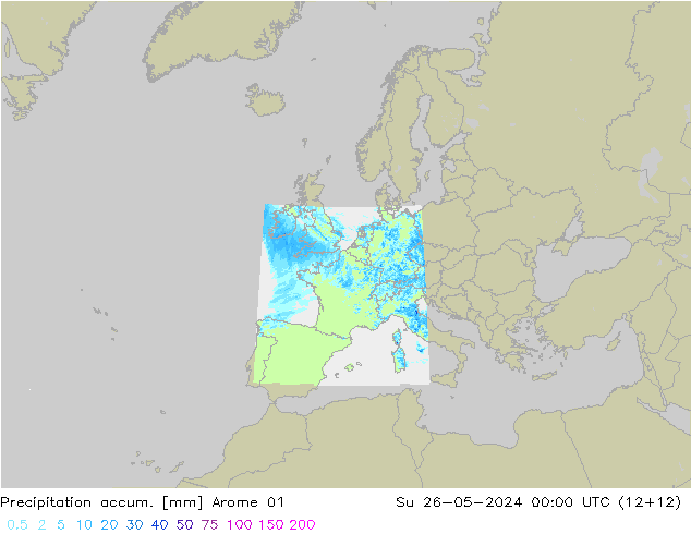 Precipitation accum. Arome 01 nie. 26.05.2024 00 UTC