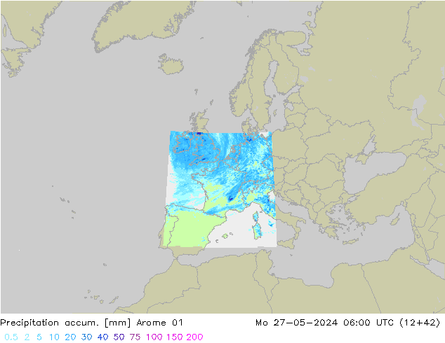 Totale neerslag Arome 01 ma 27.05.2024 06 UTC