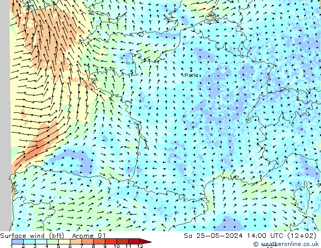 Bodenwind (bft) Arome 01 Sa 25.05.2024 14 UTC