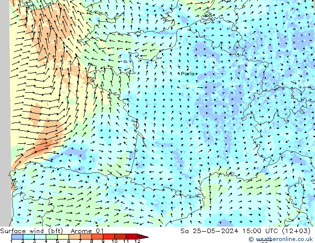 Wind 10 m (bft) Arome 01 za 25.05.2024 15 UTC