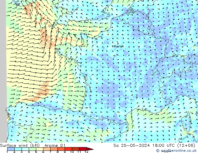 Surface wind (bft) Arome 01 So 25.05.2024 18 UTC