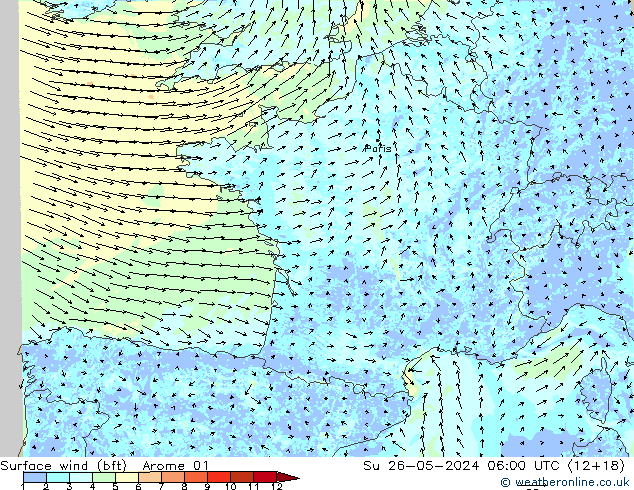 Wind 10 m (bft) Arome 01 zo 26.05.2024 06 UTC