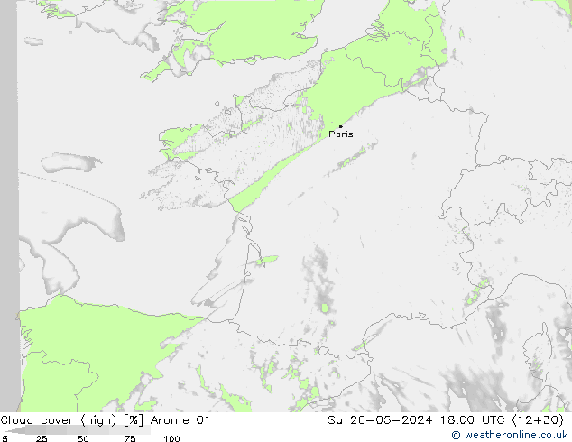 Cloud cover (high) Arome 01 Su 26.05.2024 18 UTC