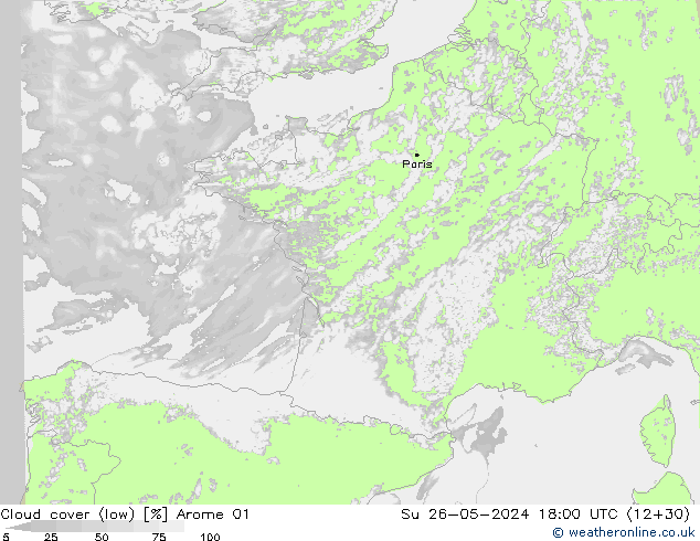 Cloud cover (low) Arome 01 Su 26.05.2024 18 UTC