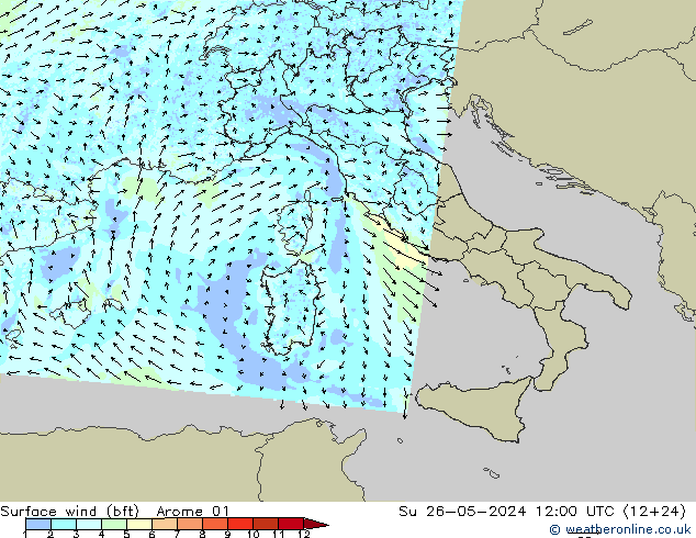 Viento 10 m (bft) Arome 01 dom 26.05.2024 12 UTC