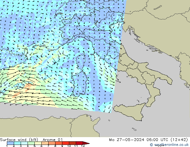 wiatr 10 m (bft) Arome 01 pon. 27.05.2024 06 UTC