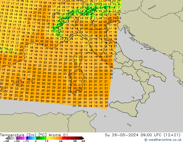 Temperatuurkaart (2m) Arome 01 zo 26.05.2024 09 UTC