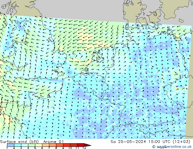 Vento 10 m (bft) Arome 01 sab 25.05.2024 15 UTC