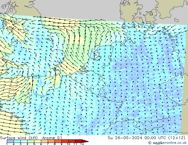 Rüzgar 10 m (bft) Arome 01 Paz 26.05.2024 00 UTC