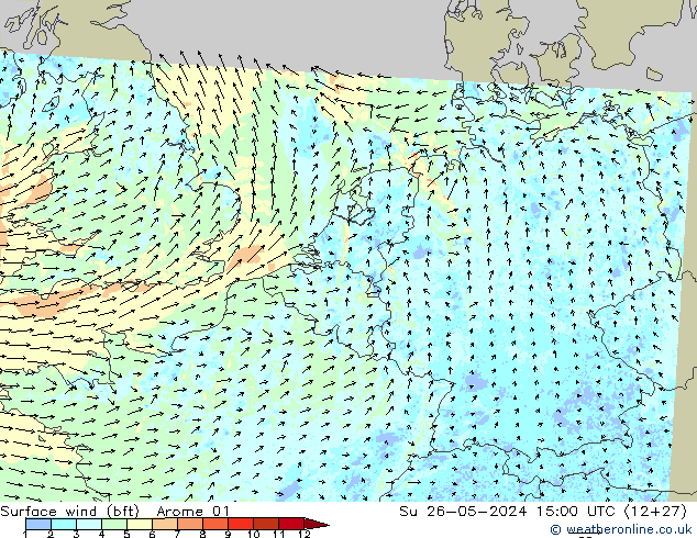 Viento 10 m (bft) Arome 01 dom 26.05.2024 15 UTC