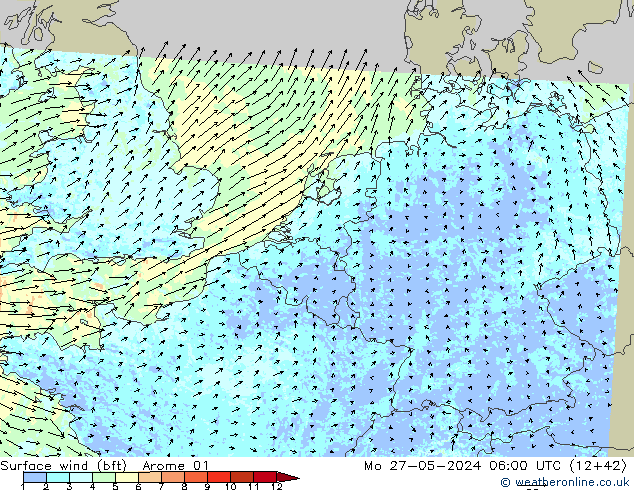 Vent 10 m (bft) Arome 01 lun 27.05.2024 06 UTC