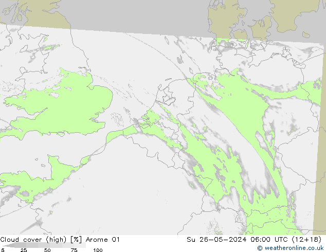Cloud cover (high) Arome 01 Su 26.05.2024 06 UTC