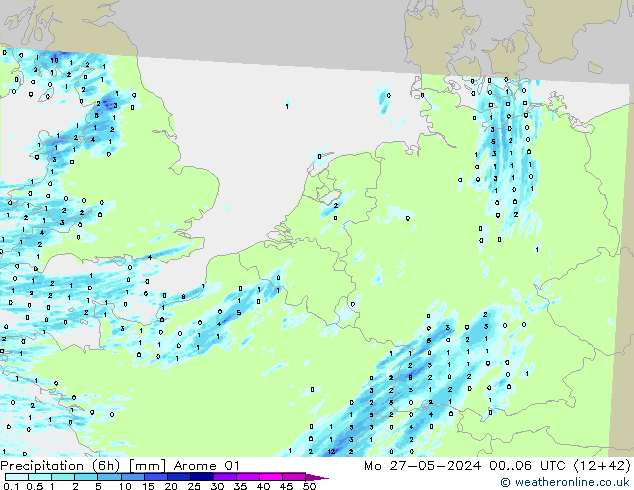 Totale neerslag (6h) Arome 01 ma 27.05.2024 06 UTC