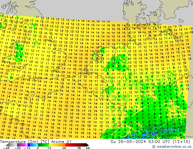 Temperaturkarte (2m) Arome 01 So 26.05.2024 03 UTC