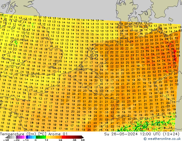 Temperaturkarte (2m) Arome 01 So 26.05.2024 12 UTC