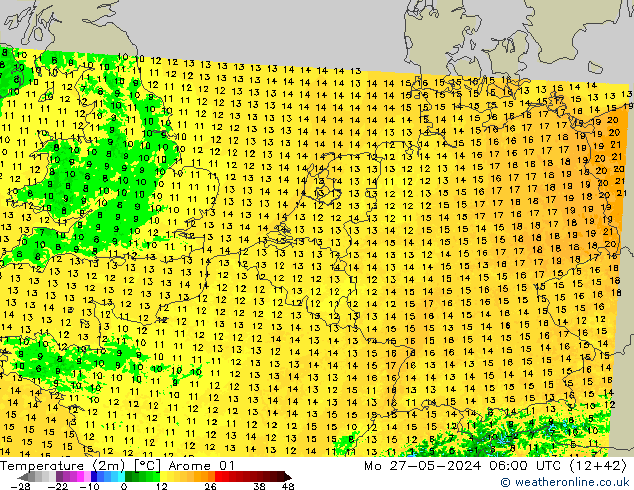 Temperature (2m) Arome 01 Mo 27.05.2024 06 UTC