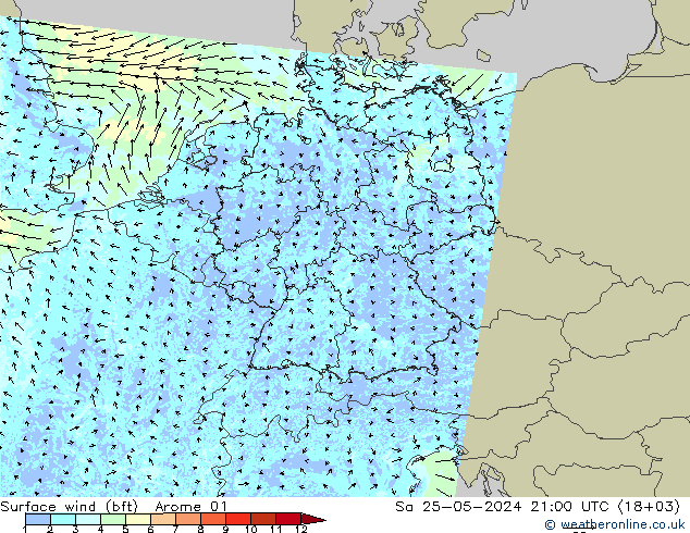 Vento 10 m (bft) Arome 01 sab 25.05.2024 21 UTC