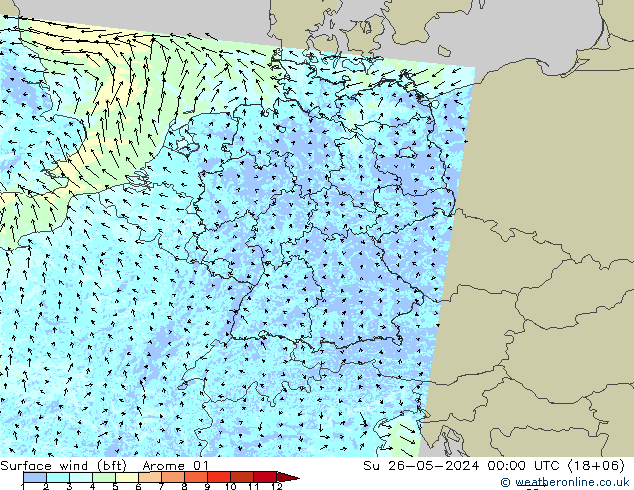 Wind 10 m (bft) Arome 01 zo 26.05.2024 00 UTC