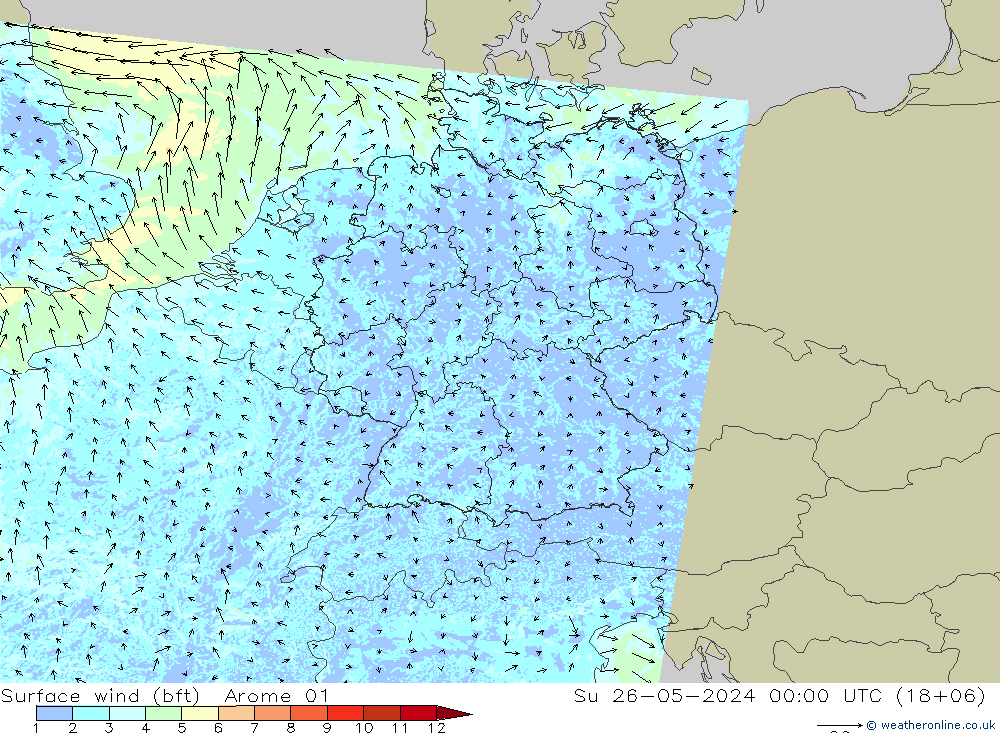 Bodenwind (bft) Arome 01 So 26.05.2024 00 UTC