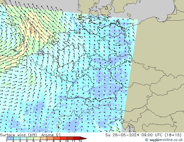 Vento 10 m (bft) Arome 01 dom 26.05.2024 09 UTC