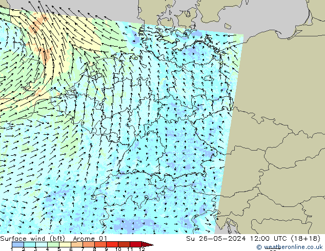 Vent 10 m (bft) Arome 01 dim 26.05.2024 12 UTC