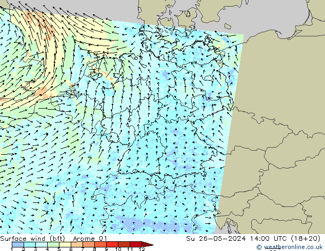 Surface wind (bft) Arome 01 Su 26.05.2024 14 UTC