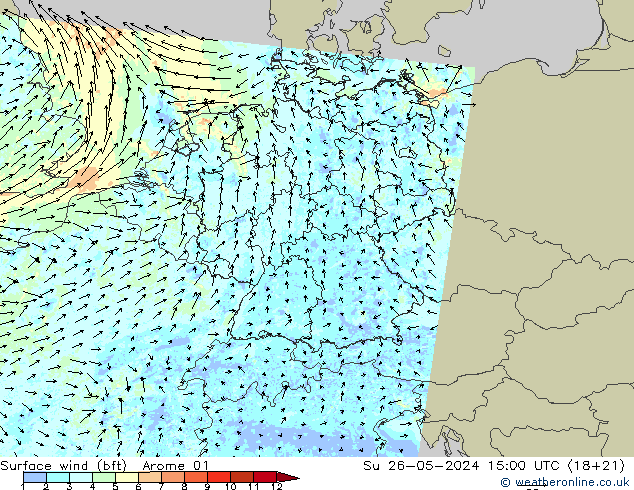 Wind 10 m (bft) Arome 01 zo 26.05.2024 15 UTC