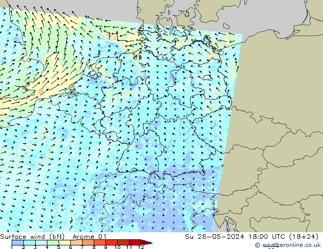 Vento 10 m (bft) Arome 01 dom 26.05.2024 18 UTC