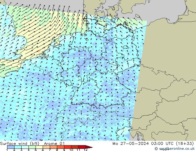 Surface wind (bft) Arome 01 Po 27.05.2024 03 UTC