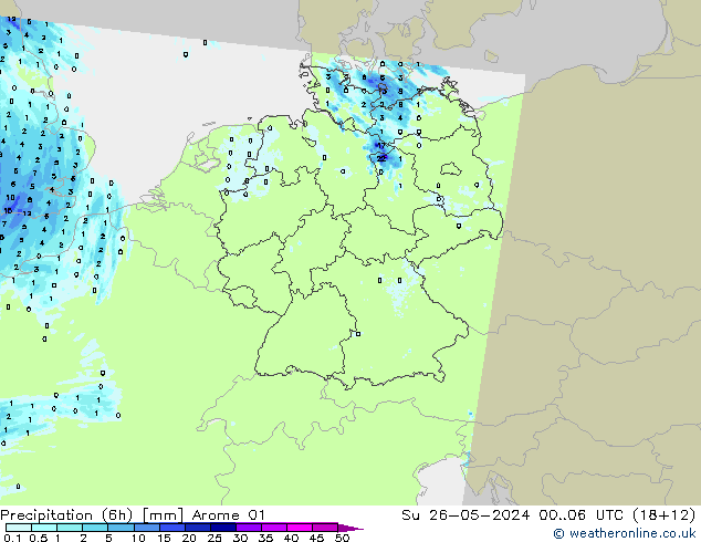 Precipitation (6h) Arome 01 Su 26.05.2024 06 UTC