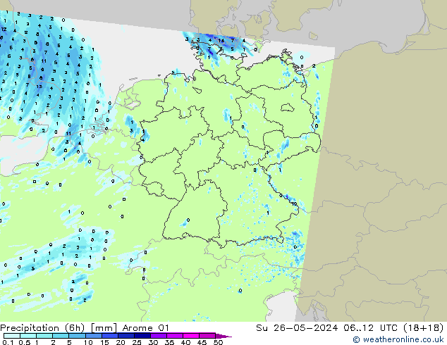 Precipitation (6h) Arome 01 Su 26.05.2024 12 UTC