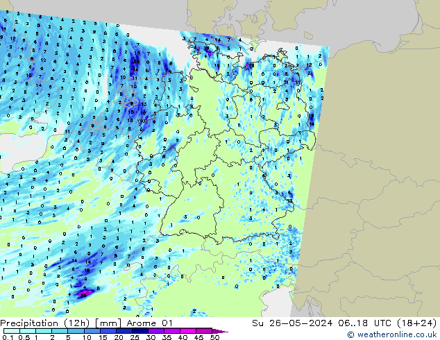 Precipitation (12h) Arome 01 Su 26.05.2024 18 UTC