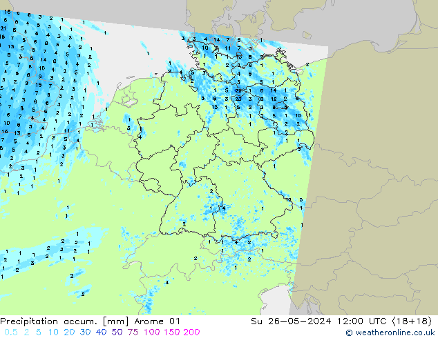 Precipitation accum. Arome 01 Su 26.05.2024 12 UTC