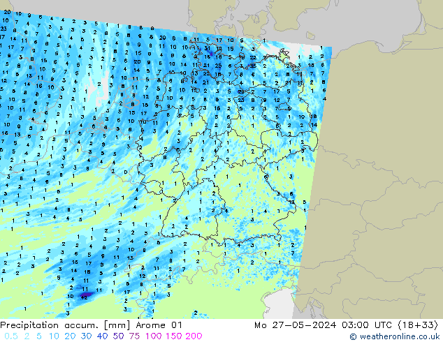 Precipitation accum. Arome 01 Mo 27.05.2024 03 UTC