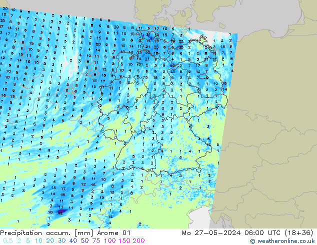 Precipitation accum. Arome 01 Mo 27.05.2024 06 UTC