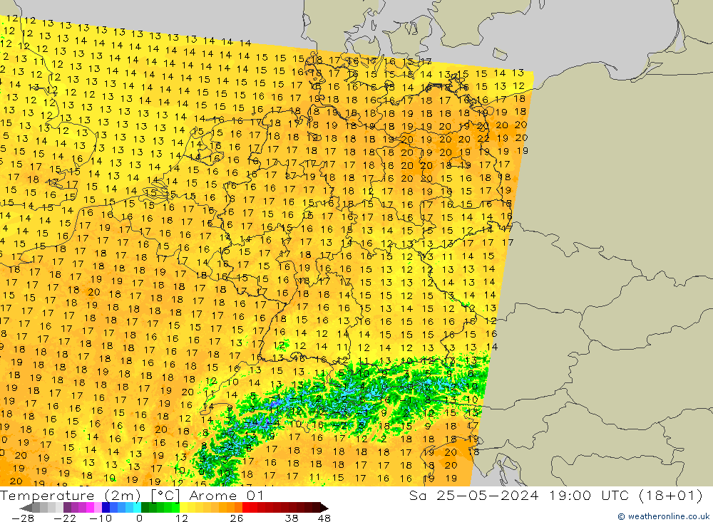 Temperatuurkaart (2m) Arome 01 za 25.05.2024 19 UTC