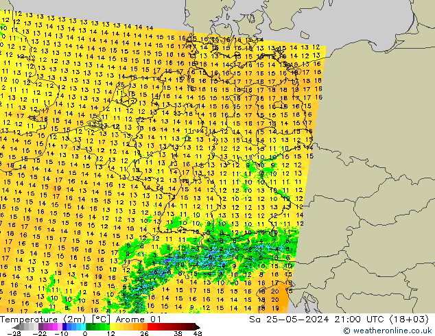 Temperatura (2m) Arome 01 sab 25.05.2024 21 UTC