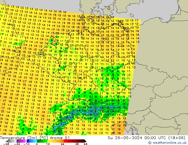 温度图 Arome 01 星期日 26.05.2024 00 UTC