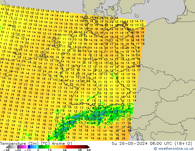 Temperaturkarte (2m) Arome 01 So 26.05.2024 06 UTC