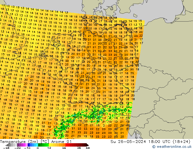 Sıcaklık Haritası (2m) Arome 01 Paz 26.05.2024 18 UTC