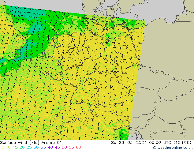 wiatr 10 m Arome 01 nie. 26.05.2024 00 UTC