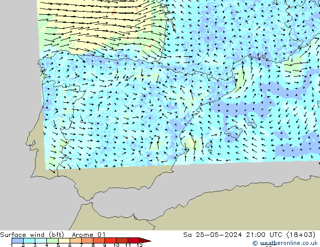 Vento 10 m (bft) Arome 01 Sáb 25.05.2024 21 UTC