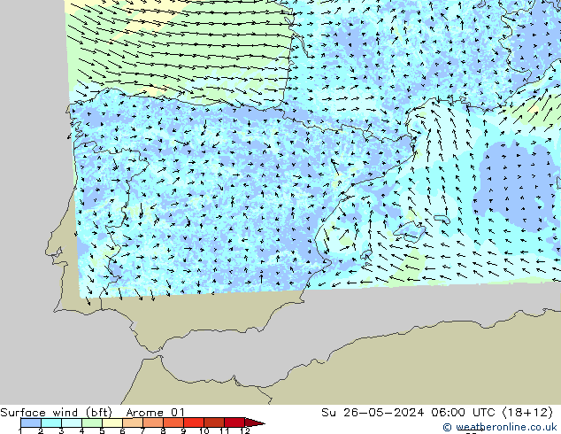 Vent 10 m (bft) Arome 01 dim 26.05.2024 06 UTC