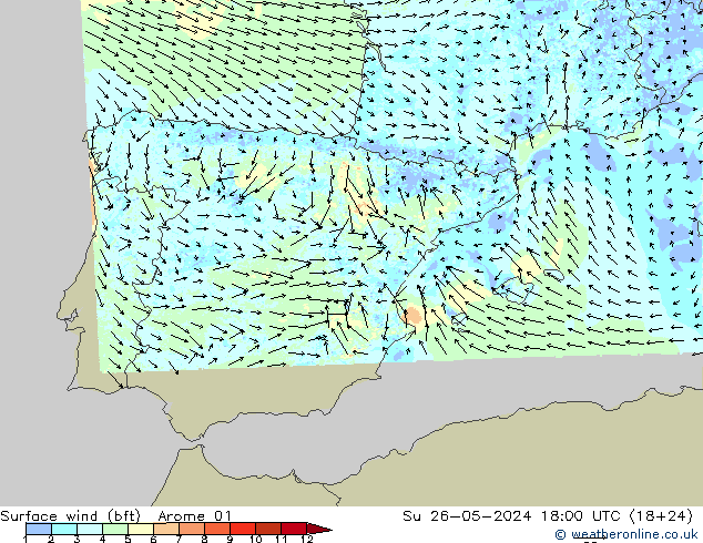 Surface wind (bft) Arome 01 Su 26.05.2024 18 UTC
