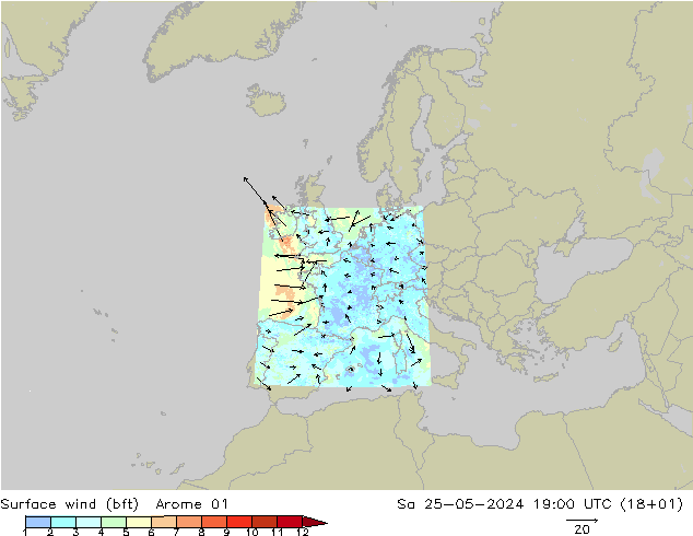 Vent 10 m (bft) Arome 01 sam 25.05.2024 19 UTC