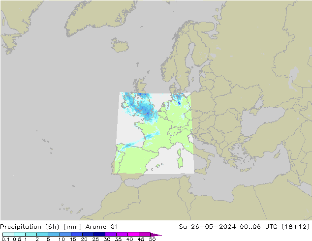 Totale neerslag (6h) Arome 01 zo 26.05.2024 06 UTC